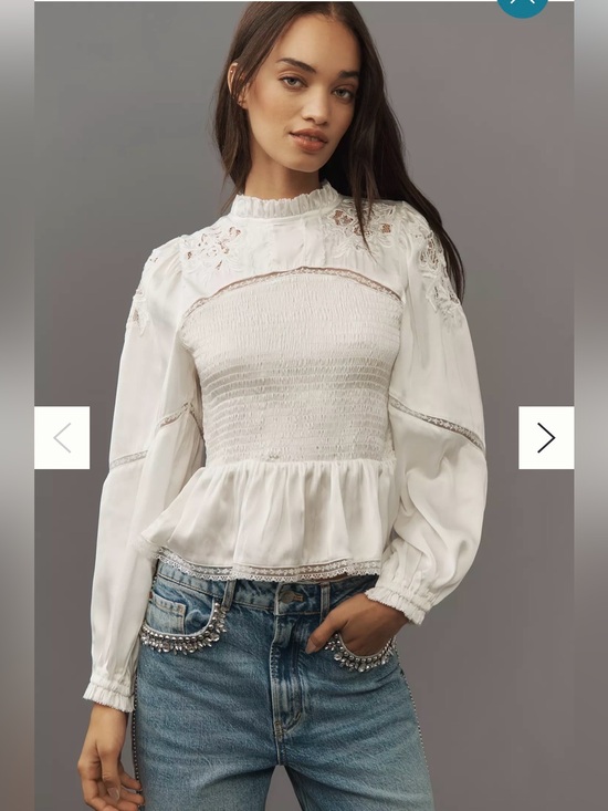 Anthropologie Tops - Anthropologie Long-Sleeve Smocked Blouse in White Size Medium